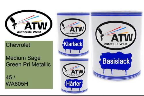 Chevrolet, Medium Sage Green Pri Metallic, 45 / WA605H: 1L Lackdose + 1L Klarlack + 500ml Härter - Set, von ATW Autoteile West.